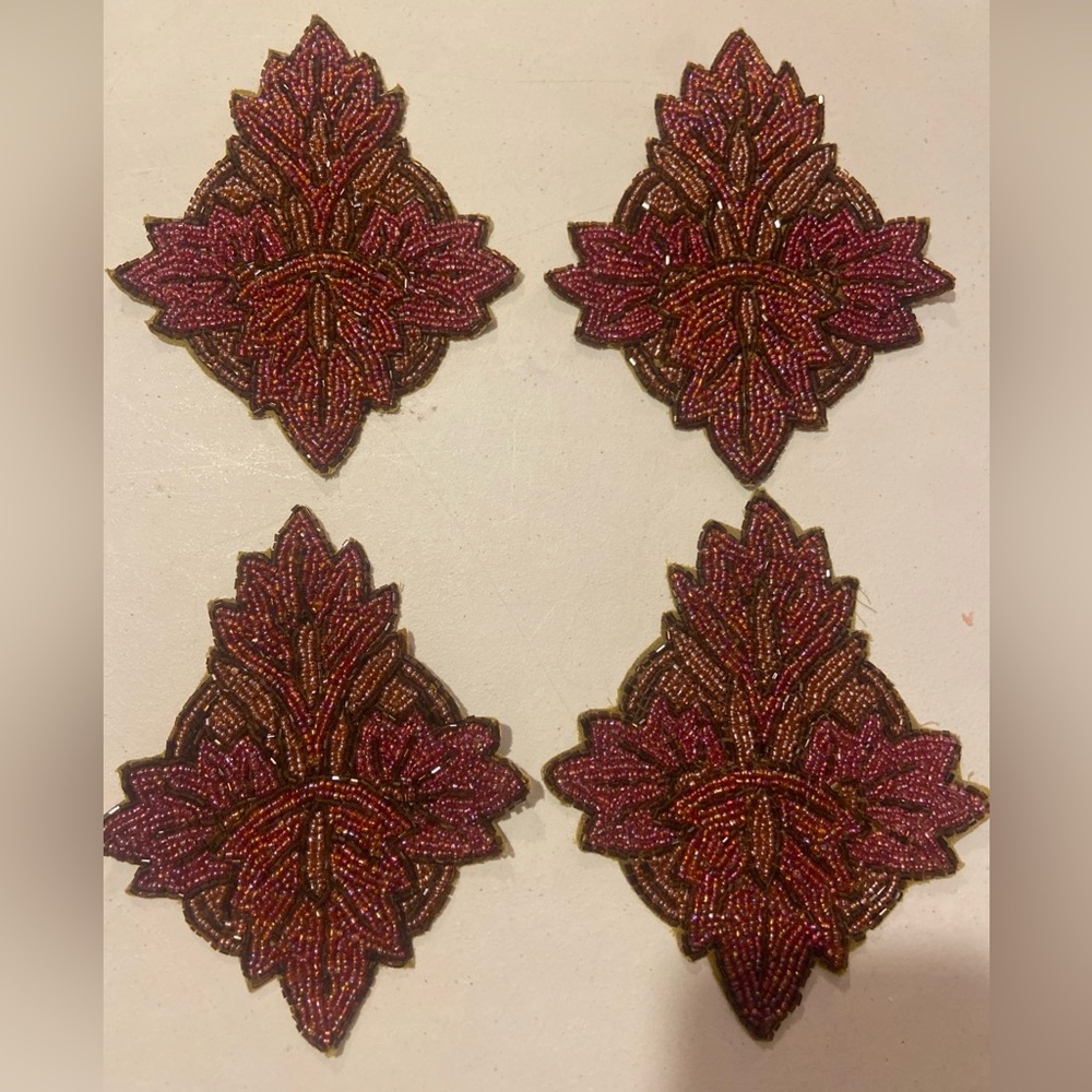 Vintage 1960's Handmade Indian Beaded Floral Appliqué Patch Set of 4